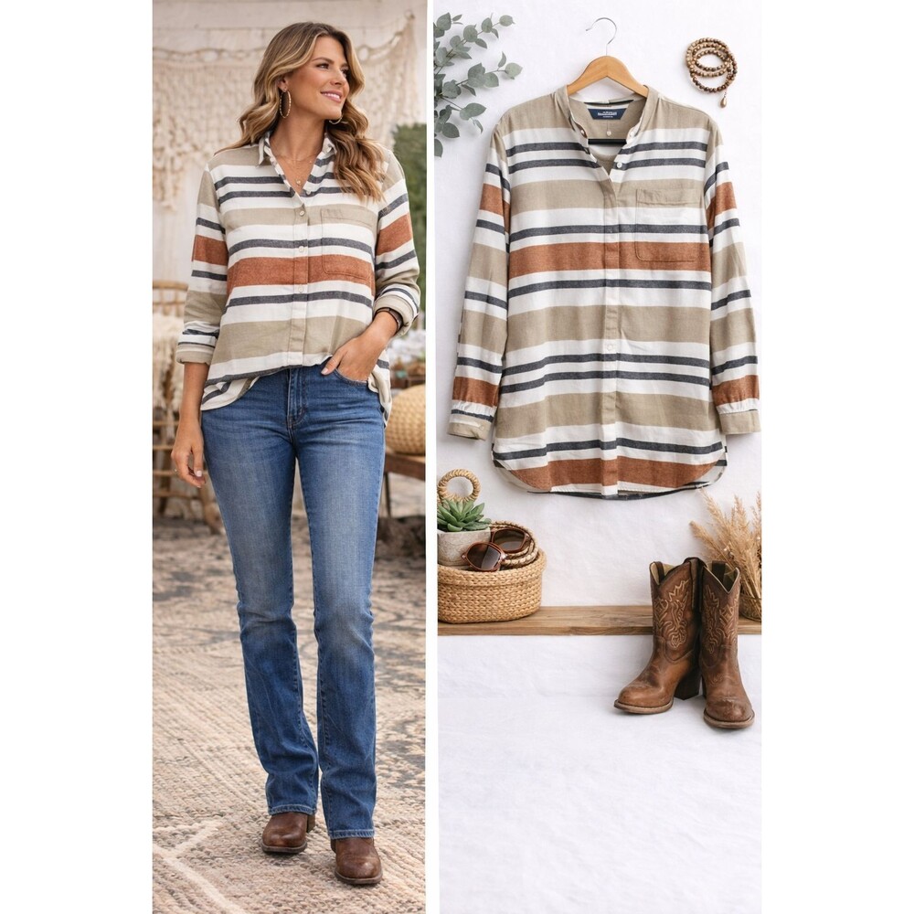 Lands End Striped Flannel Tunic Shirt XL Beige Tan Stripe Cotton Pockets